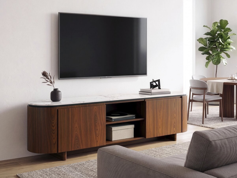 Meuble TV en bois avec plateau en céramique "Stonea" - 200 x 40 x 55 cm - Marron