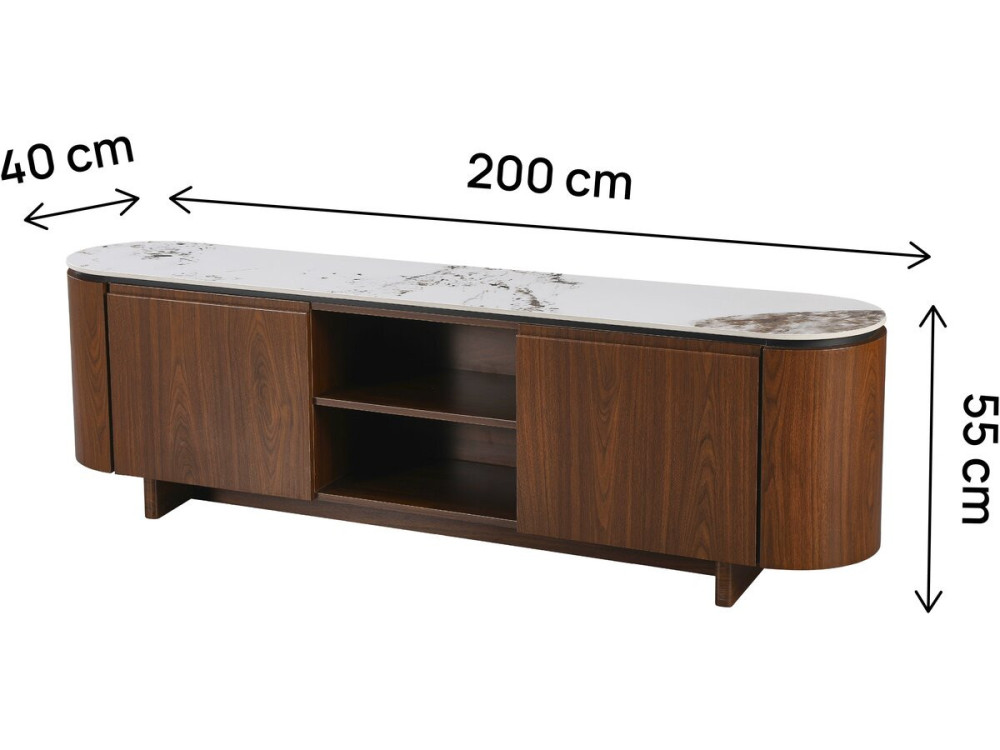Meuble TV en bois avec plateau en céramique "Stonea" - 200 x 40 x 55 cm - Marron