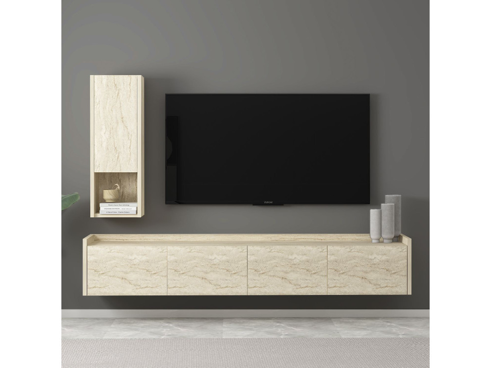 Meuble TV avec étagère murale en bois "Sema" - 160 x 30 x 35 cm - Travertin