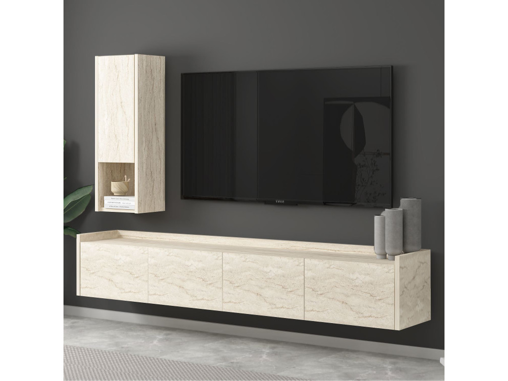 Meuble TV avec étagère murale en bois "Sema" - 160 x 30 x 35 cm - Travertin