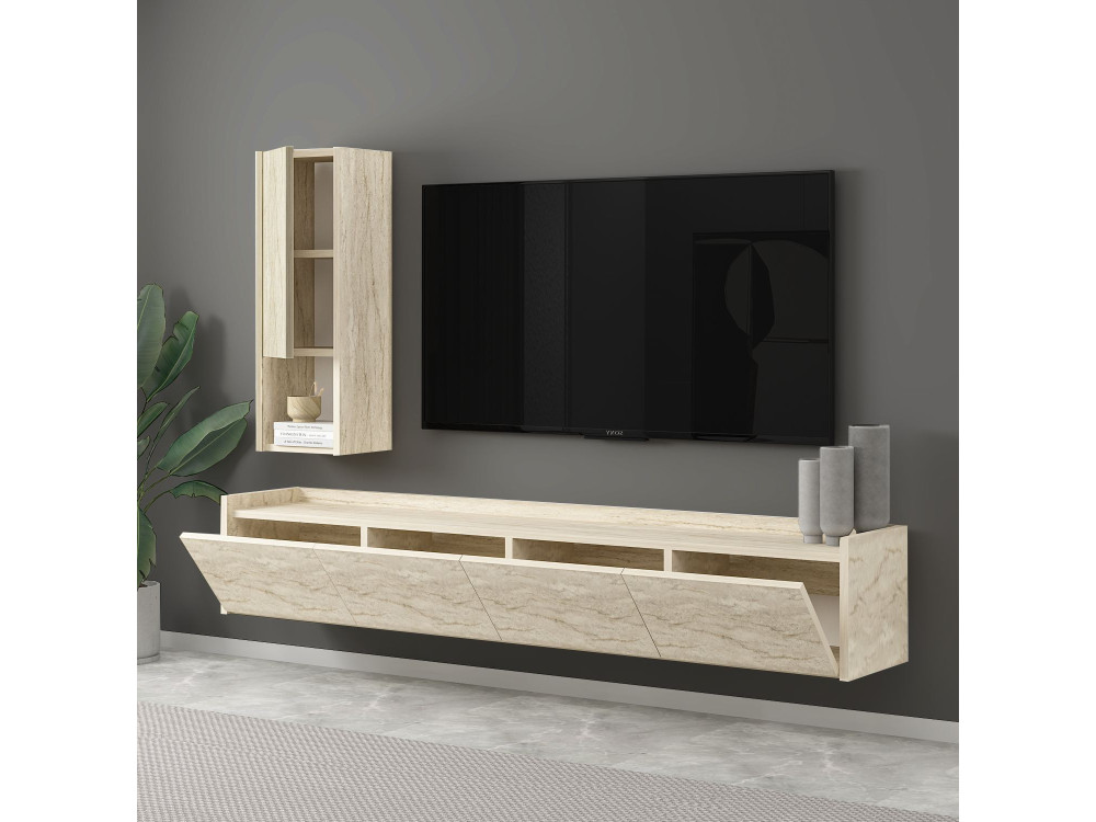 Meuble TV avec étagère murale en bois "Sema" - 160 x 30 x 35 cm - Travertin