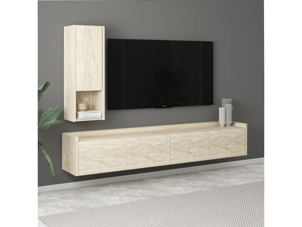 Meuble TV avec étagère murale en bois "Sema" - 160 x 30 x 35 cm - Travertin