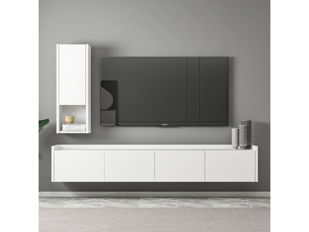 Meuble TV avec étagère murale en bois "Sema" - 160 x 30 x 35 cm - Blanc