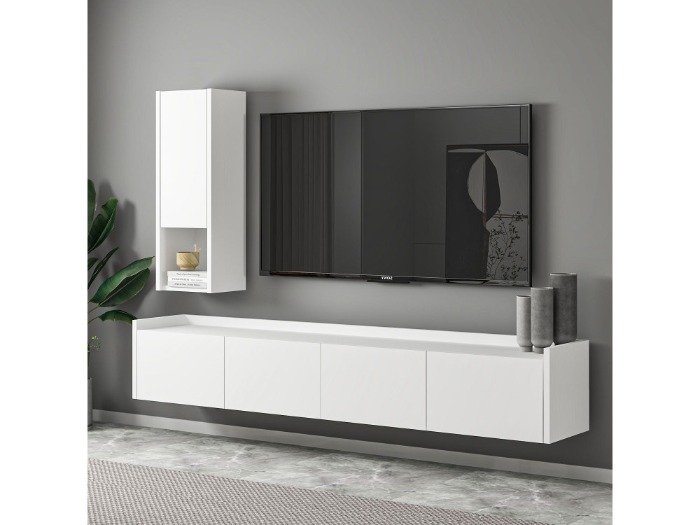 Meuble TV avec étagère murale en bois "Sema" - 160 x 30 x 35 cm - Blanc