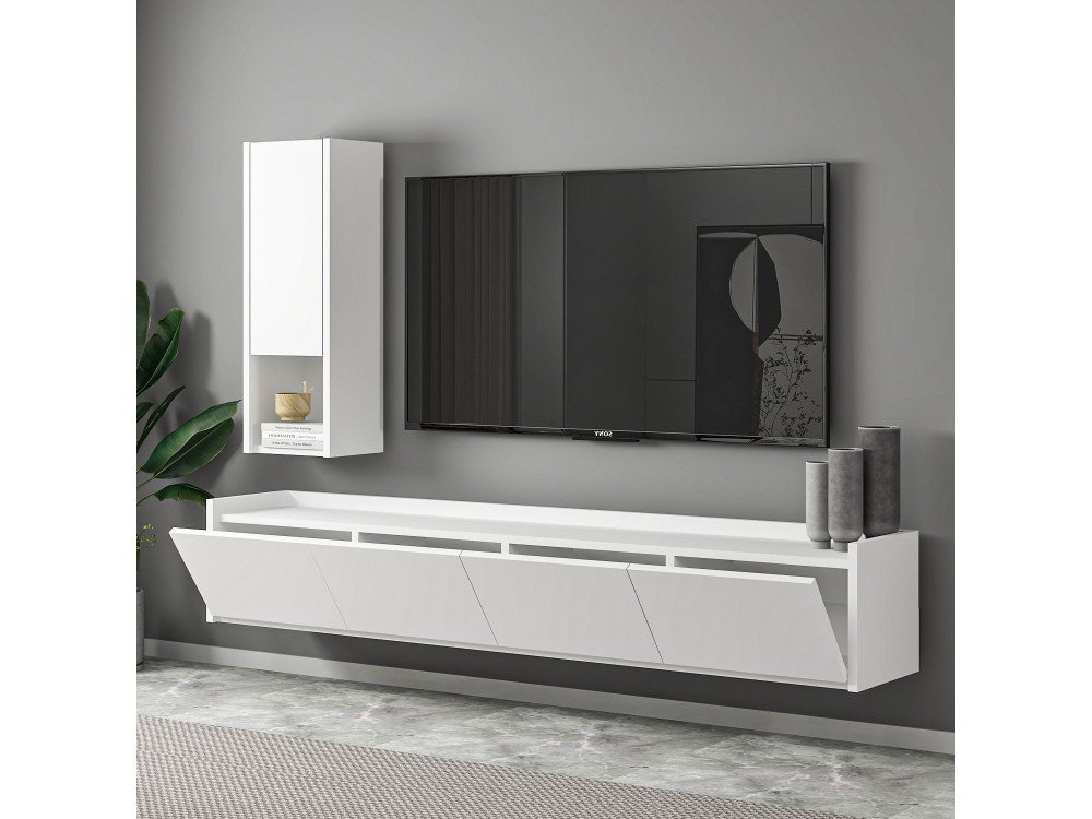 Meuble TV avec étagère murale en bois "Sema" - 160 x 30 x 35 cm - Blanc