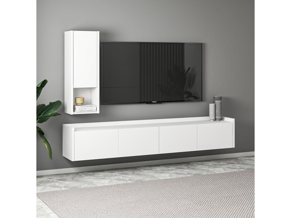 Meuble TV avec étagère murale en bois "Sema" - 160 x 30 x 35 cm - Blanc