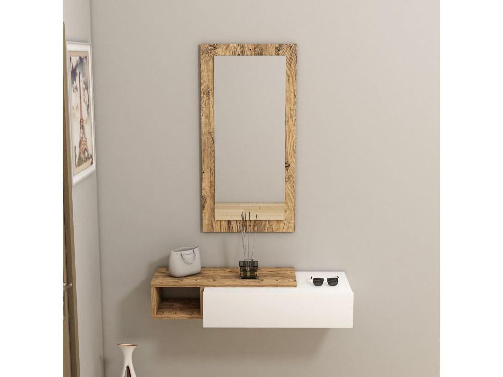 Console avec miroir en bois "Vien " - 82 x 29 x 15 cm - Blanc