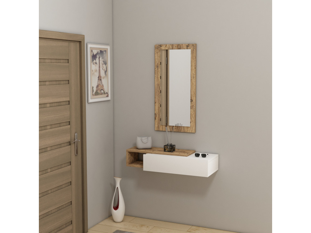 Console avec miroir en bois "Vien " - 82 x 29 x 15 cm - Blanc