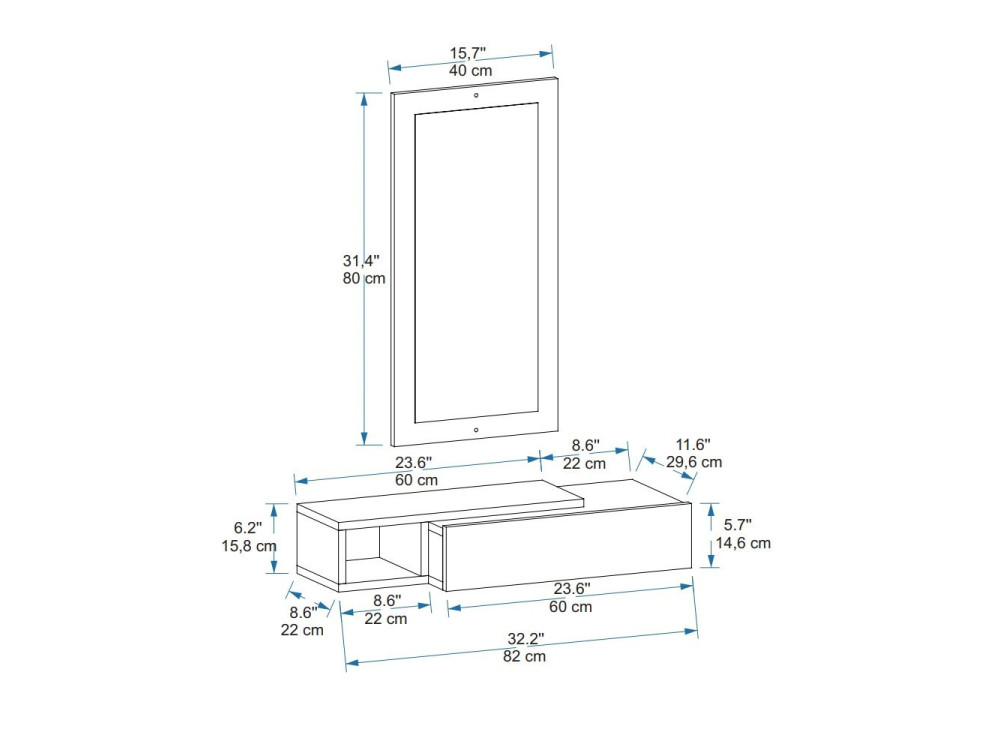 Console avec miroir en bois "Vien " - 82 x 29 x 15 cm - Blanc