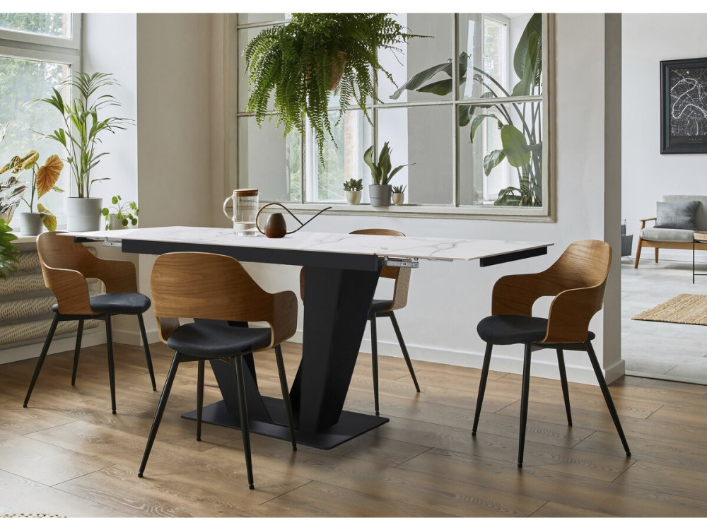 Table à manger extensible en céramique - 160/240 cm - 6 à 10 personnes "Nova" - Blanc marbré gris