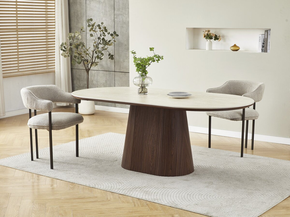 Table à manger ovale en pierre et bois "Portofino" - 8 places - Travertin et marron