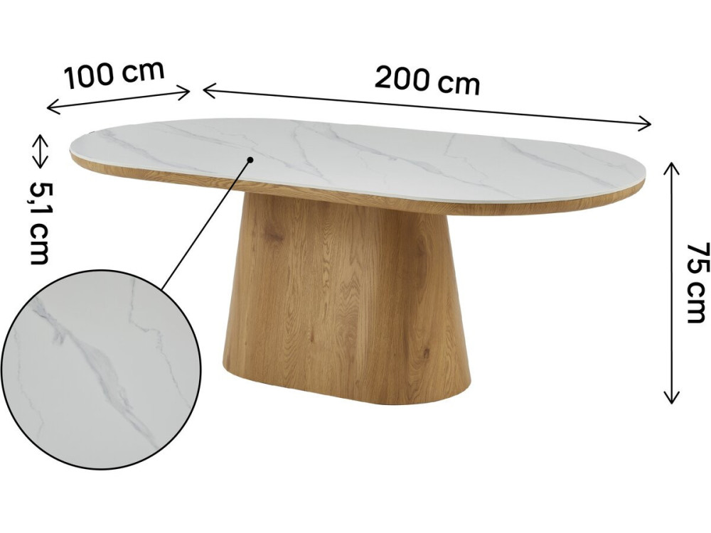 Table de repas en bois ovale en céramique "Bellagio" - 8 places - Blanc et marron