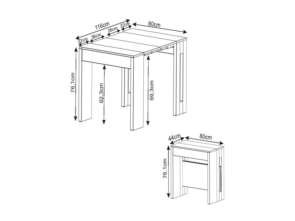 Table repas extensible en bois "Nivo" - 80 x 44 x 76 cm - Blanc