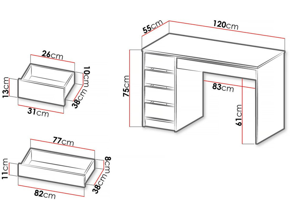 Bureau en bois 5 tiroirs "Malika" - 120 x 75 x 55 cm - Blanc