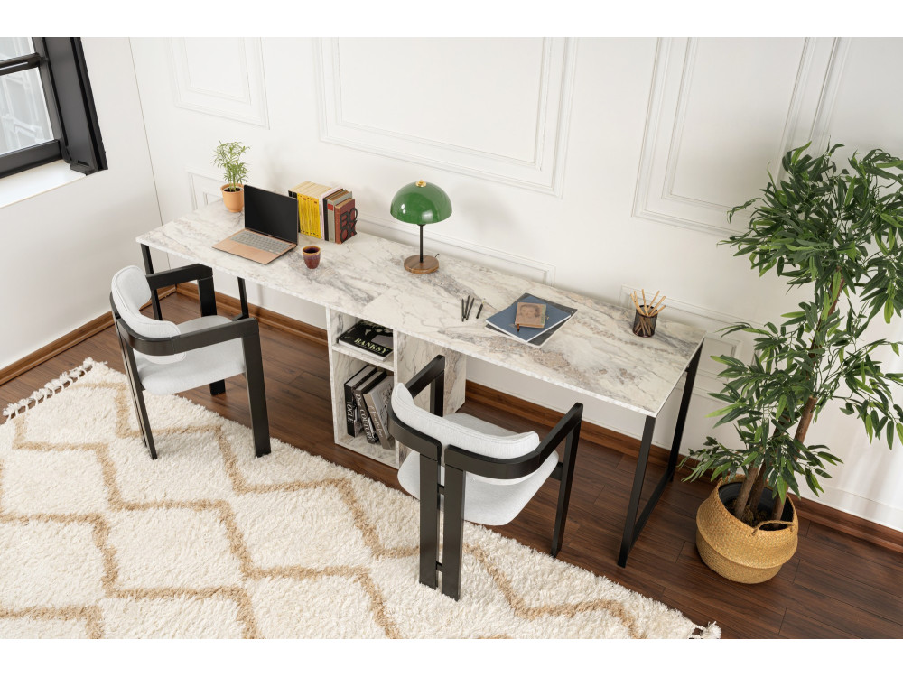 Double bureau avec 2 étagères en bois "Twin" - 240 x 60 x 74 cm - Blanc marbré