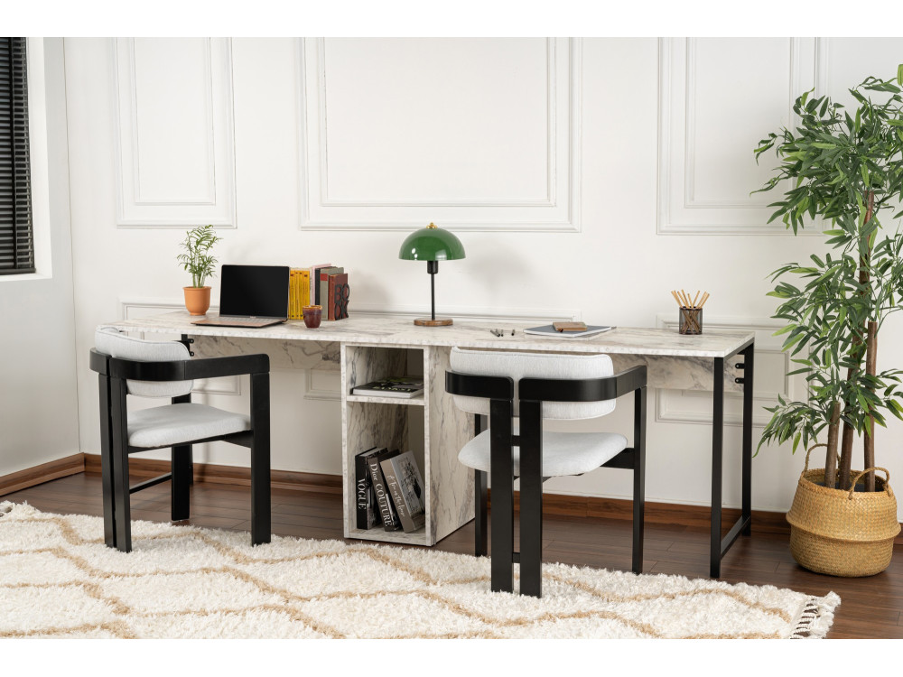 Double bureau avec 2 étagères en bois "Twin" - 240 x 60 x 74 cm - Blanc marbré
