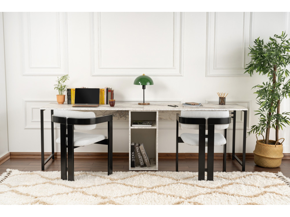 Double bureau avec 2 étagères en bois "Twin" - 240 x 60 x 74 cm - Blanc marbré