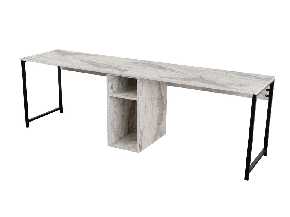 Double bureau avec 2 étagères en bois "Twin" - 240 x 60 x 74 cm - Blanc marbré
