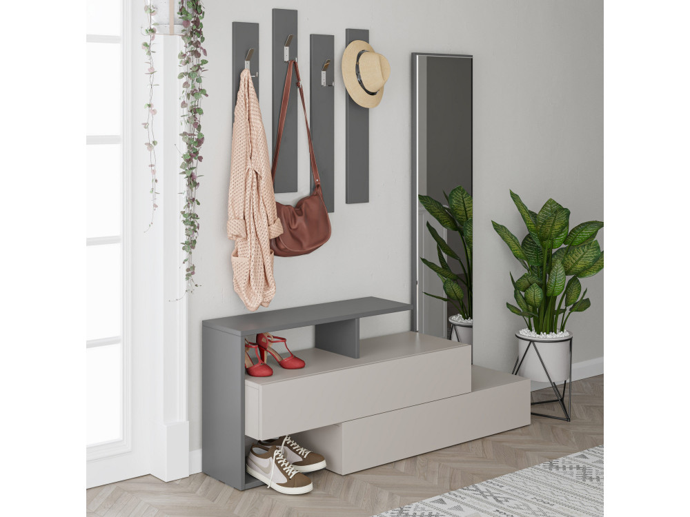 Meuble d'entrée avec miroir en bois "Ramda" - 137 x 35 x 154 cm - Gris anthracite