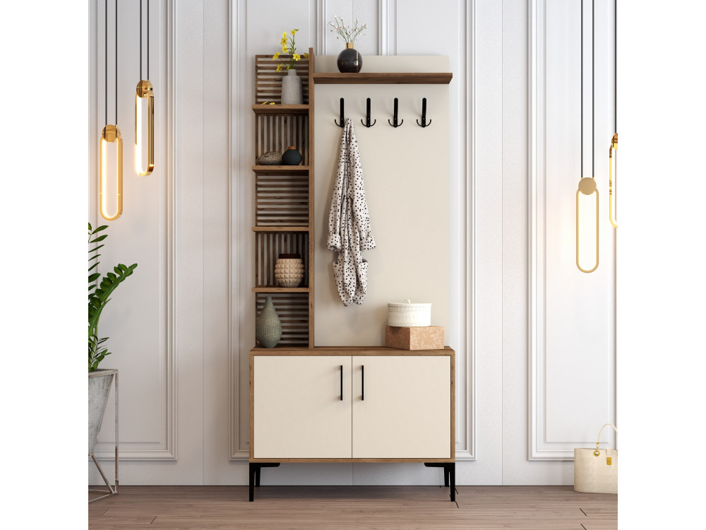 Meuble d'Entrée en bois "Viyana D" - 35 x 90 x 200 cm - Noyer, Crème