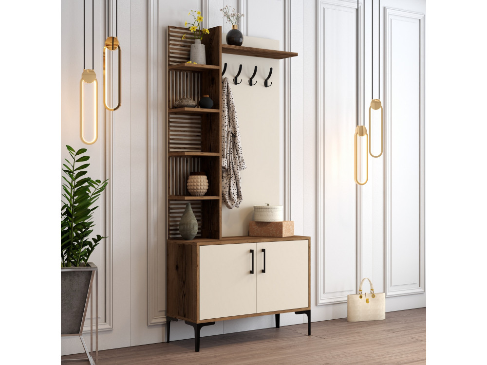 Meuble d'Entrée en bois "Viyana D" - 35 x 90 x 200 cm - Noyer, Crème