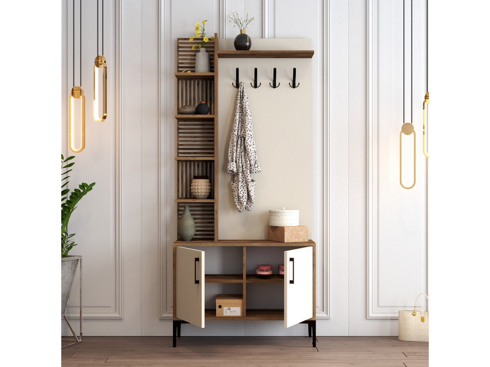Meuble d'Entrée en bois "Viyana D" - 35 x 90 x 200 cm - Noyer, Crème