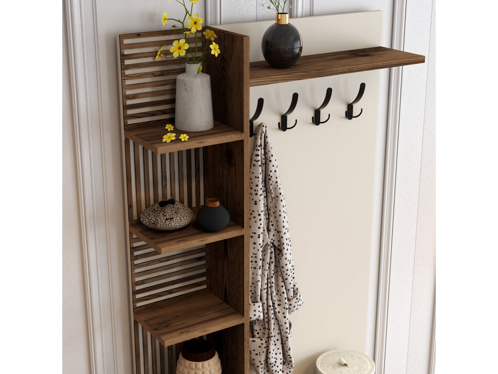 Meuble d'Entrée en bois "Viyana D" - 35 x 90 x 200 cm - Noyer, Crème