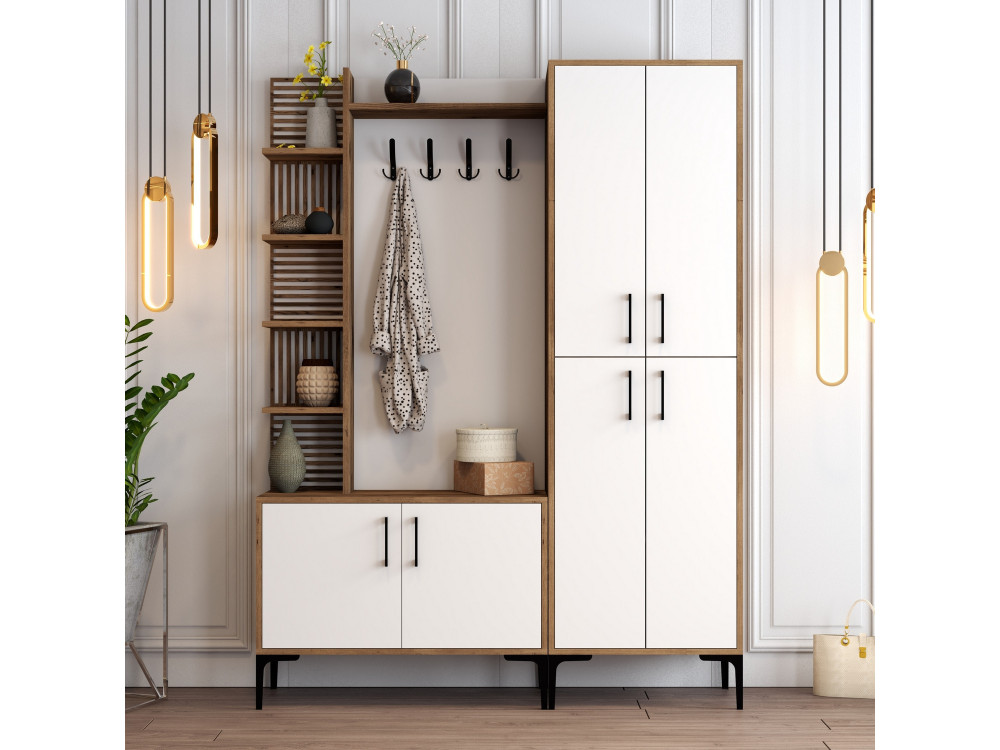 Meuble d'Entrée en bois "Viyana DA" - 35 x 60 x 200 cm - Noyer, Blanc
