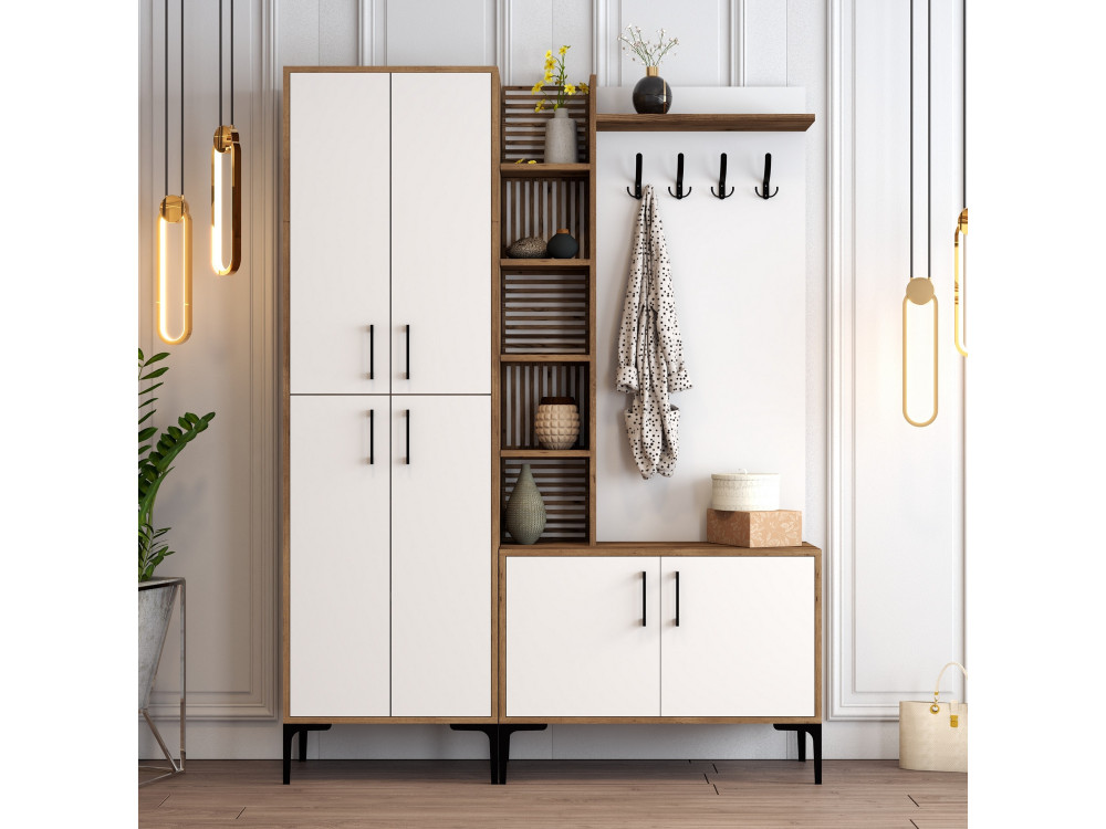 Meuble d'Entrée en bois "Viyana DA" - 35 x 60 x 200 cm - Noyer, Blanc