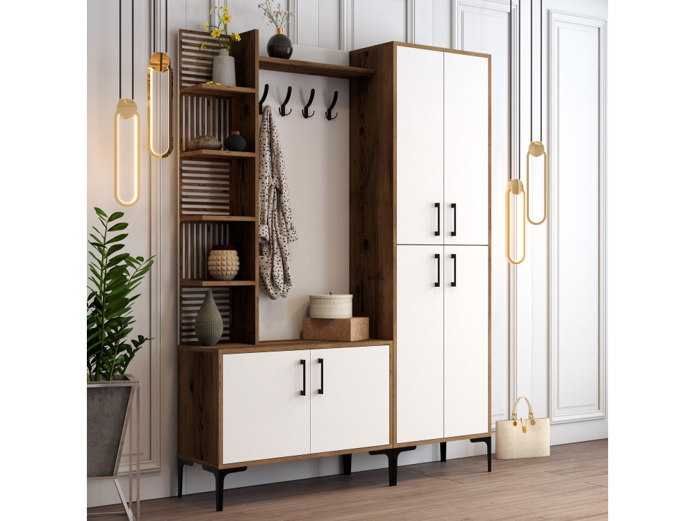 Meuble d'Entrée en bois "Viyana DA" - 35 x 60 x 200 cm - Noyer, Blanc