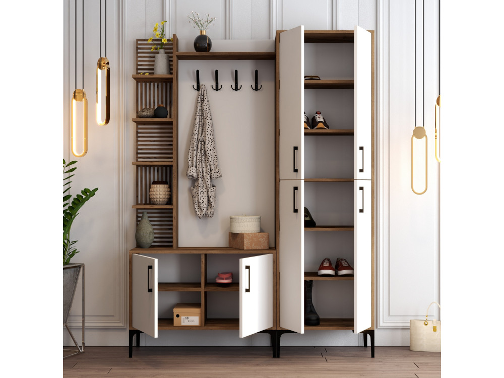 Meuble d'Entrée en bois "Viyana DA" - 35 x 60 x 200 cm - Noyer, Blanc