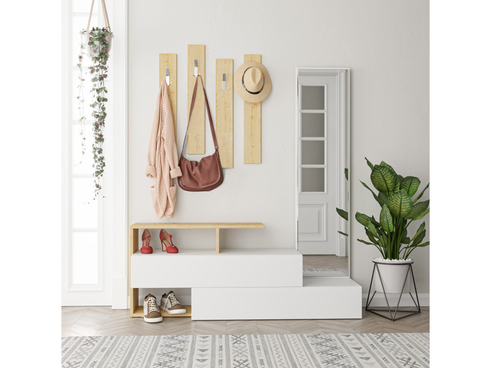 Meuble d'entrée avec miroir en bois "Ramda" - 137 x 35 x 154 cm - Beige