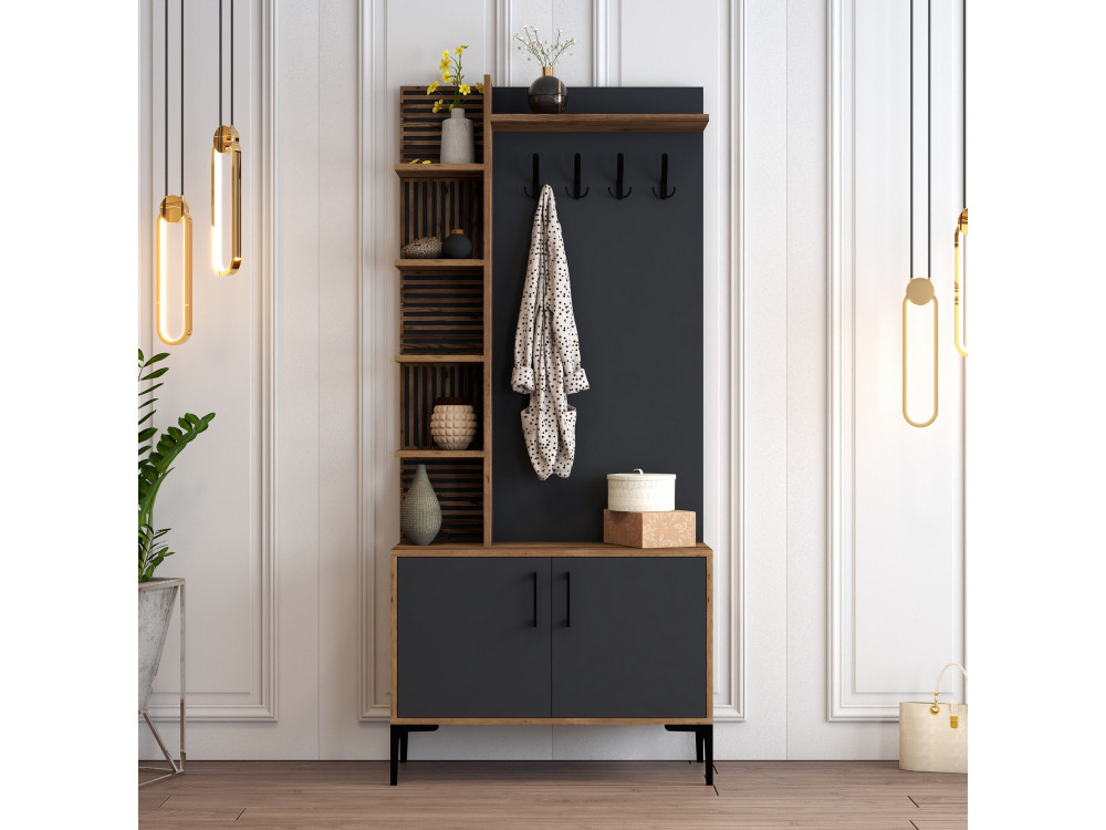 Meuble d'entrée en bois "Viyana D" - 90 x 35 x 200 cm - Gris anthracite