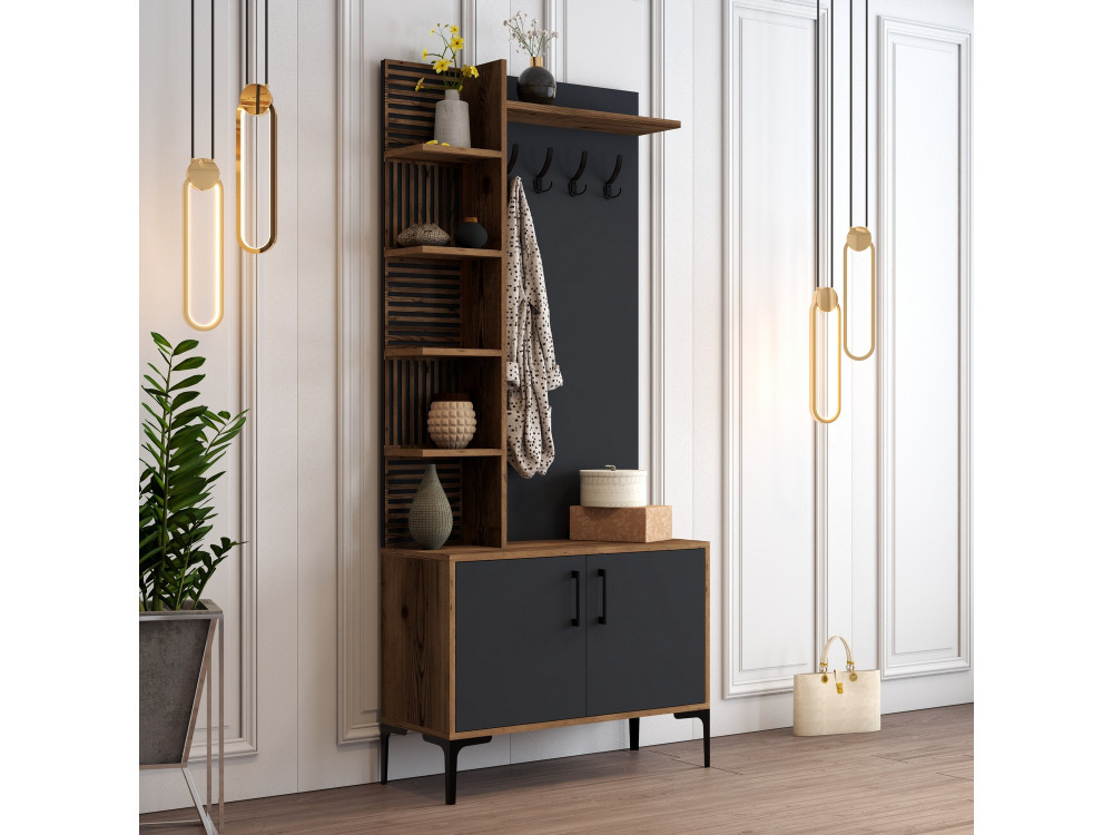 Meuble d'entrée en bois "Viyana D" - 90 x 35 x 200 cm - Gris anthracite