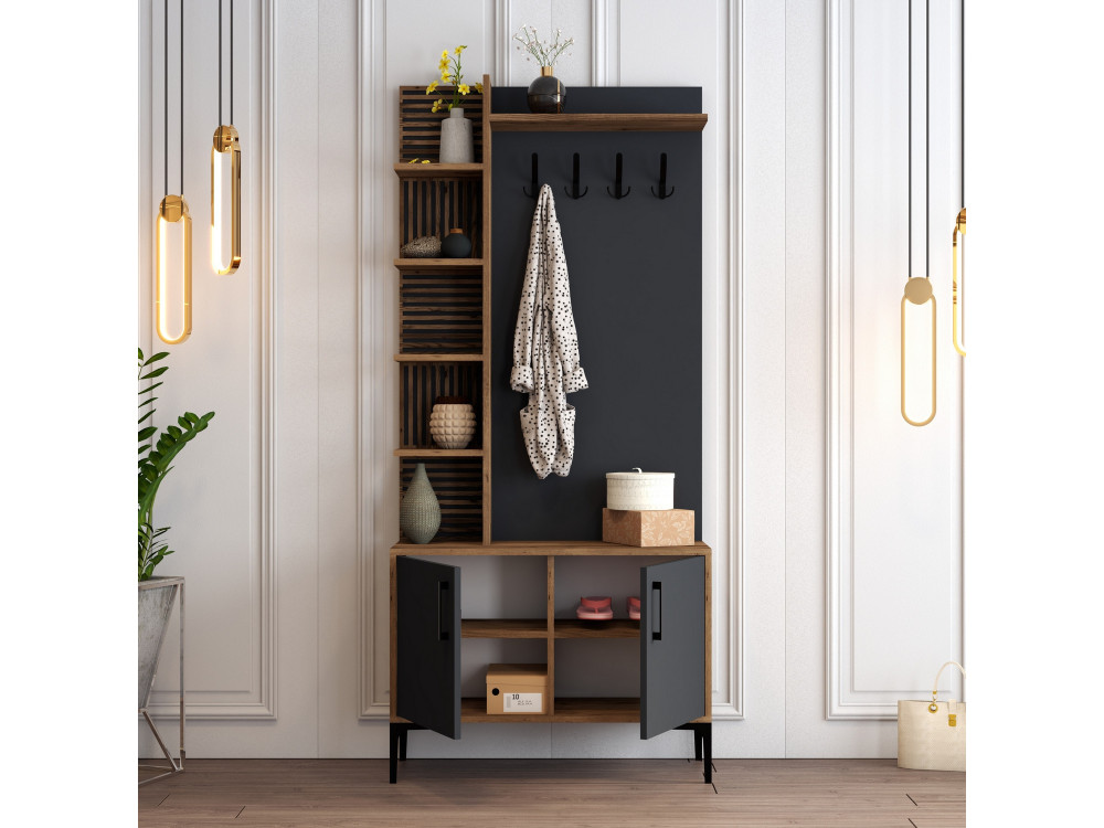 Meuble d'entrée en bois "Viyana D" - 90 x 35 x 200 cm - Gris anthracite
