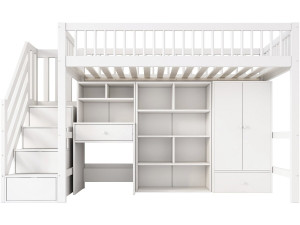 Lit mezzanine en bois avec dressing et bureau intégré "Amélia" - 90 x 190 cm - Blanc