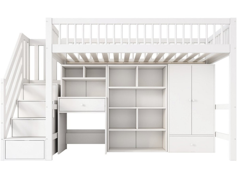 Lit mezzanine en bois avec dressing et bureau intégré "Amélia" - 90 x 190 cm - Blanc
