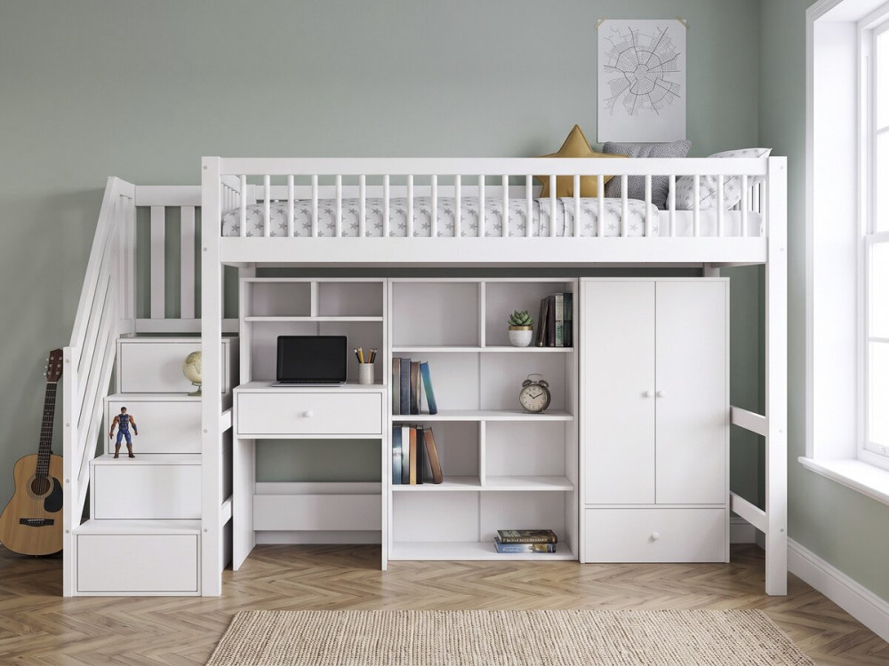Lit mezzanine en bois avec dressing et bureau intégré "Amélia" - 90 x 190 cm - Blanc