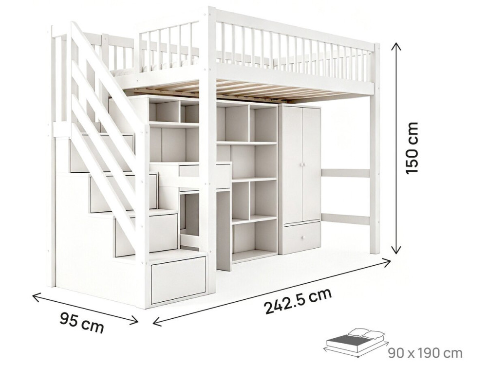 Lit mezzanine en bois avec dressing et bureau intégré "Amélia" - 90 x 190 cm - Blanc