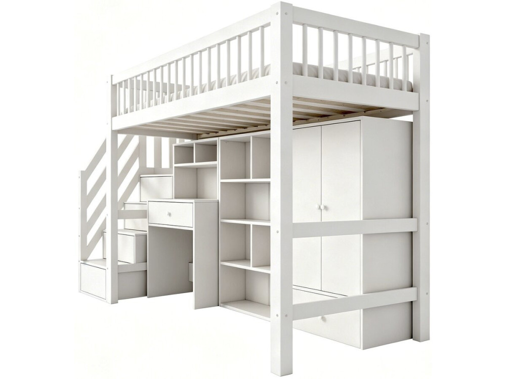 Lit mezzanine en bois avec dressing et bureau intégré "Amélia" - 90 x 190 cm - Blanc