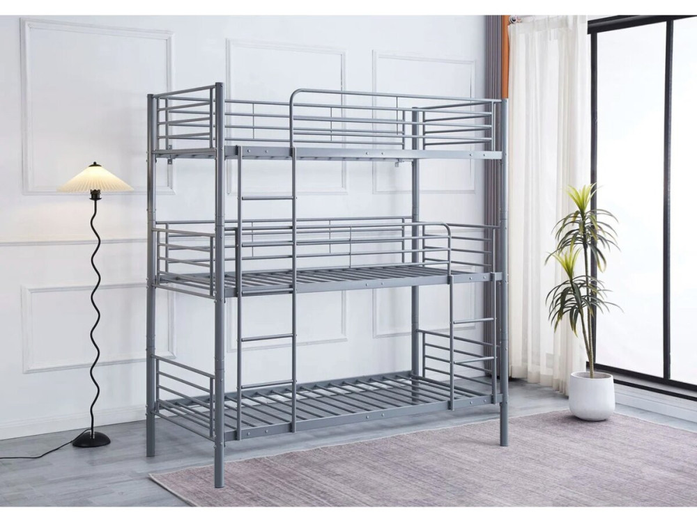 Lit superposé en métal triple "HAVIN" - 90 x 190 cm - Gris