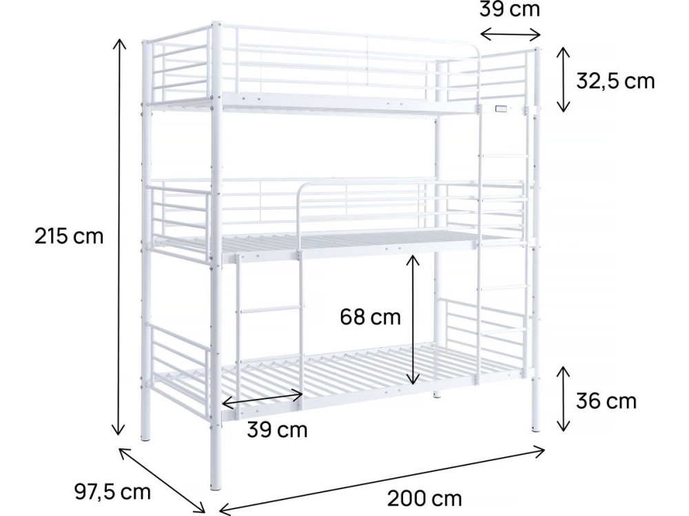 Lit triple superposé metal "Havin" - 90 x 190 cm - Blanc