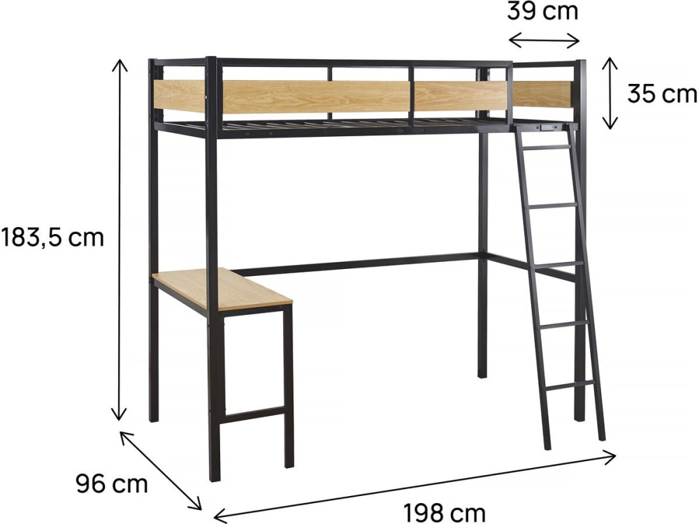 Lit mezzanine avec bureau “Ethan” - 90 x 190 cm - Noir