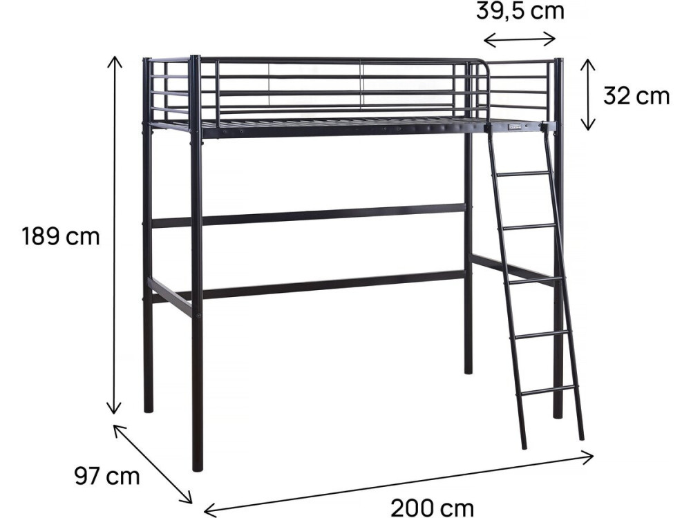 Lit mezzanine en métal "Alora" - 90 x 190 cm - Noir