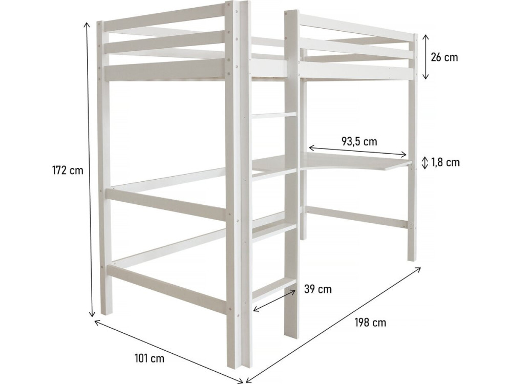 Lit Enfant Mezzanine avec Bureau "Angéla" 90 x 190 cm - Blanc