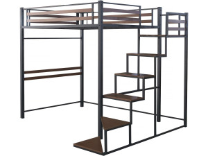 Lit mezzanine en métal avec escalier "LENA" - 140 x 190 cm - Noir et marron noyer