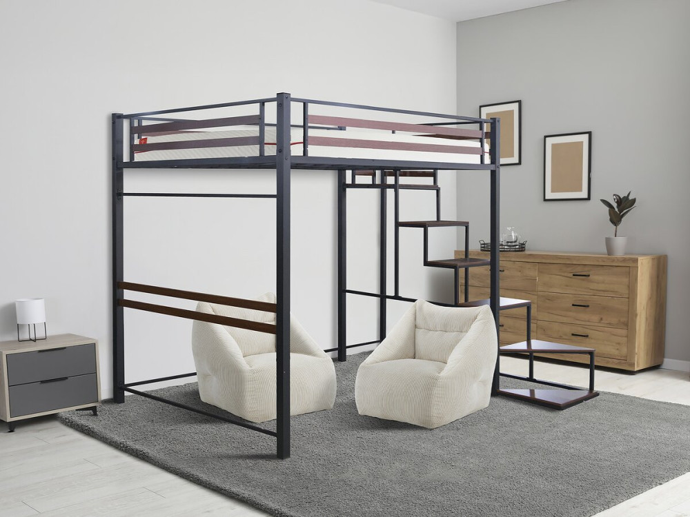 Lit mezzanine en métal avec escalier "LENA" - 140 x 190 cm - Noir et marron noyer