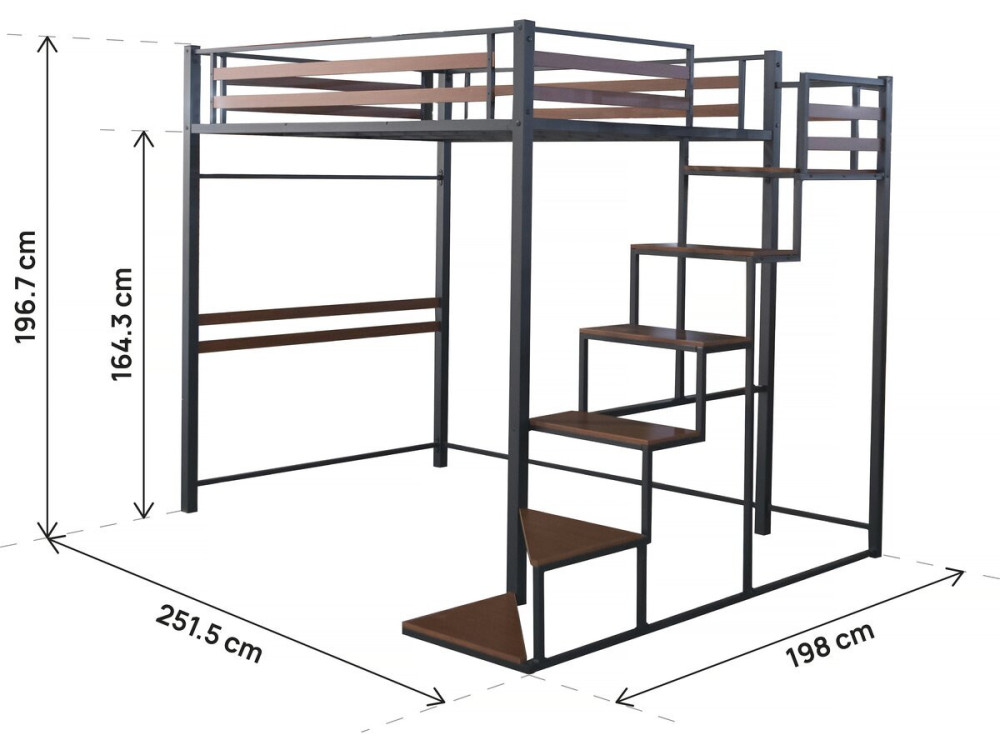 Lit mezzanine en métal avec escalier "LENA" - 140 x 190 cm - Noir et marron noyer