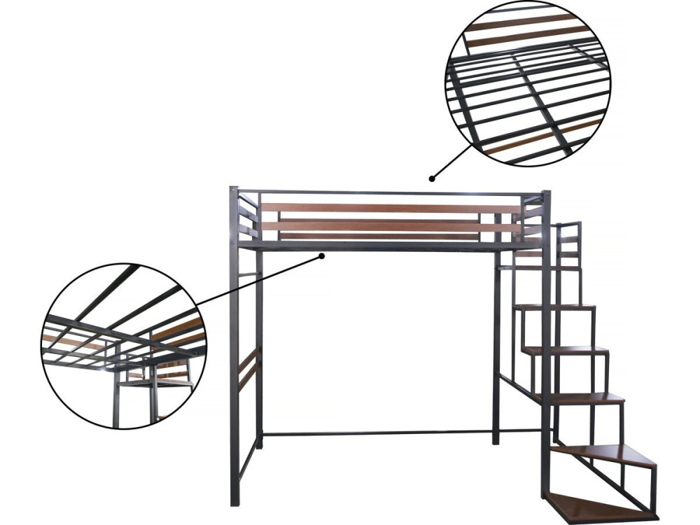 Lit mezzanine en métal avec escalier "LENA" - 140 x 190 cm - Noir et marron noyer