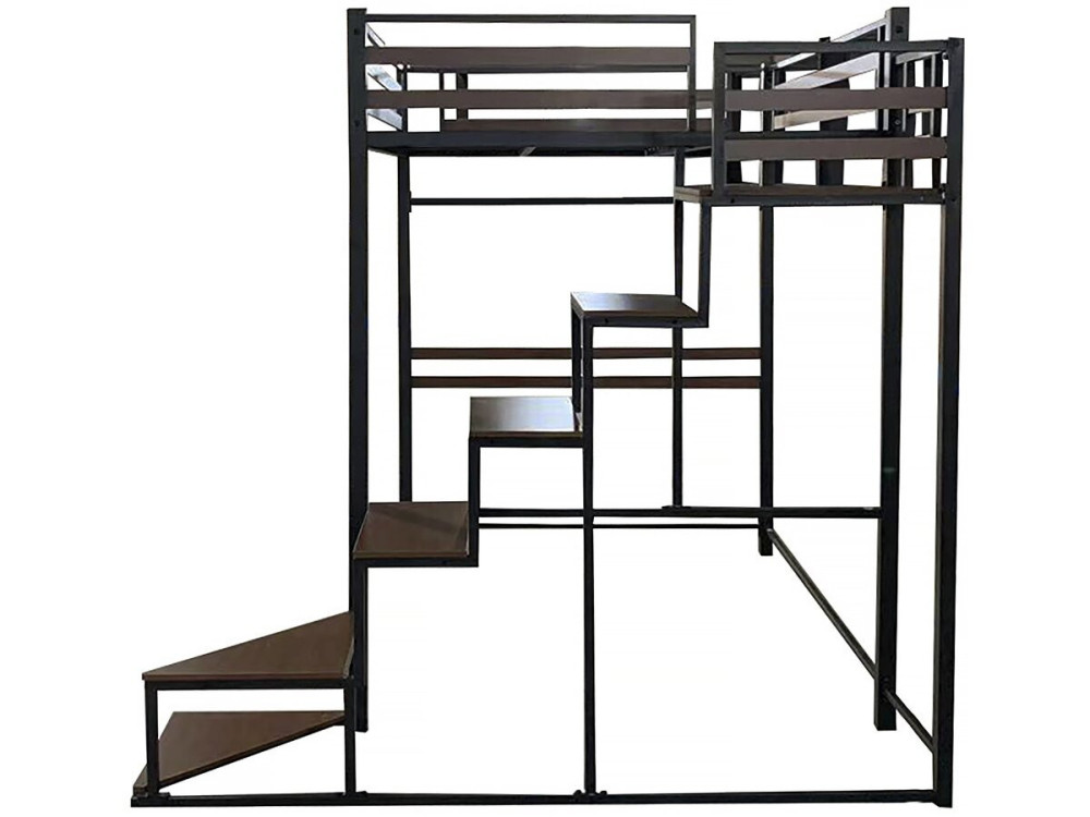 Lit mezzanine en métal avec escalier "LENA" - 140 x 190 cm - Noir et marron noyer